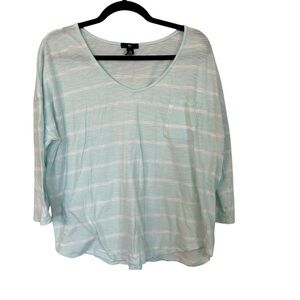 Gap Women’s 3/4 Sleeve V-Neck Aqua Blue & White Striped Casual Top Sz XXL GUC